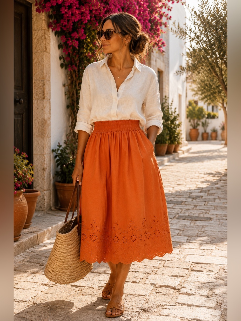 Uniqlo Burnt Orange Eyelet Cotton Midi Skirt S